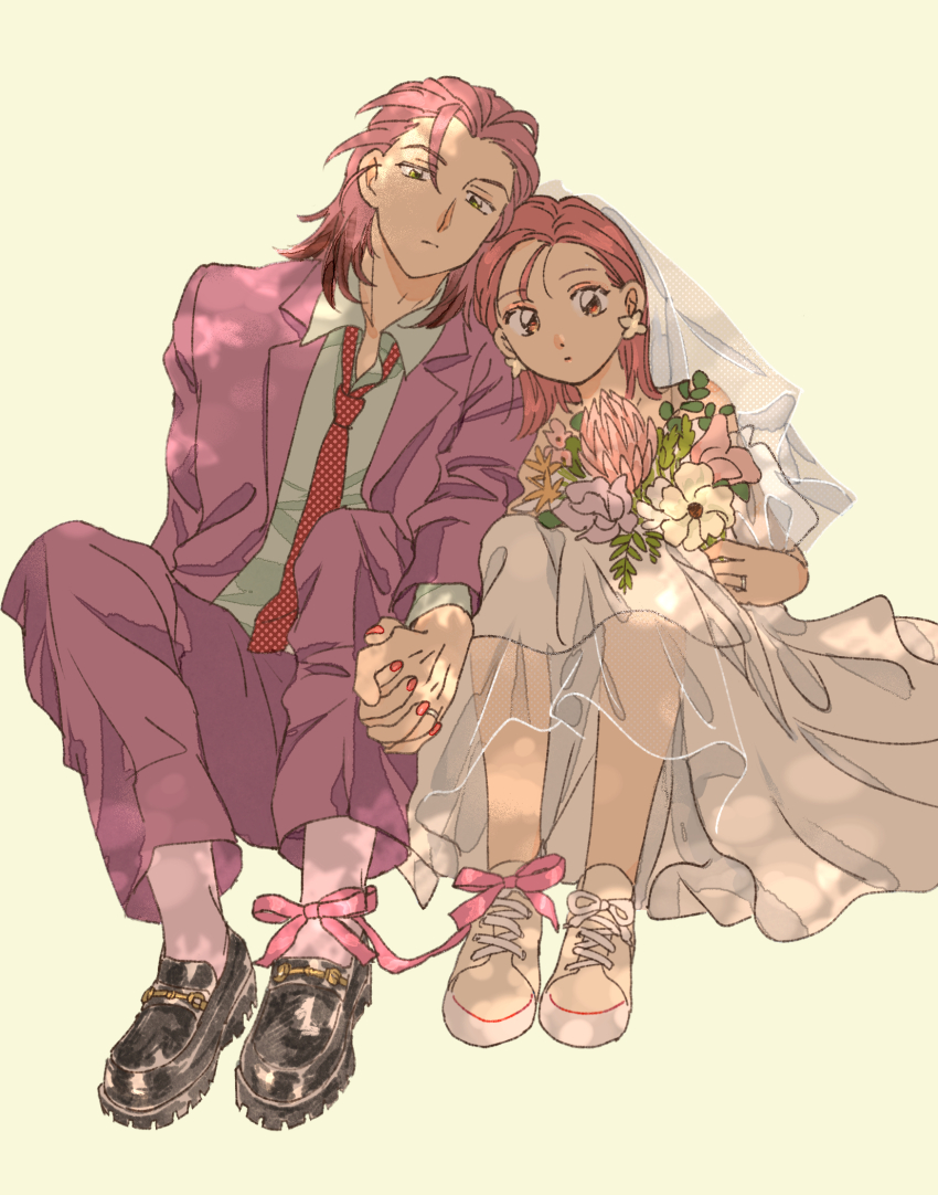 1boy 1girl bouquet bridal_veil collared_shirt commentary dress earrings flower flower_earrings formal_clothes full_body gradient_hair green_eyes hair_slicked_back hetero highres holding holding_bouquet holding_hands jacket jewelry long_sleeves looking_at_viewer medium_hair multicolored_hair nanatsumori_minoru necktie odenkong pink_hair pink_socks pink_suit protagonist_(tokimemo_gs4) shirt shoes shoulder-to-shoulder simple_background sitting sneakers socks suit swept_bangs tokimeki_memorial tokimeki_memorial_girl&#039;s_side tokimeki_memorial_girl&#039;s_side_4th_heart veil wedding_dress