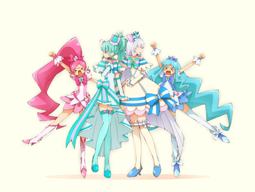 &gt;o&lt; 4girls ankle_boots aqua_dress aqua_hair aqua_shoes aqua_thighhighs arm_warmers arms_up blue_dress blue_shoes blue_thighhighs boots bow bowtie brooch choker crown cure_blossom cure_lillian cure_marine cure_nyammy dress earrings full_body hanasaki_tsubomi hand_on_own_chest hat heartcatch_precure! high-low_dress high_heel_boots high_heels high_ponytail highres in-franchise_crossover jewelry knee_boots kurumi_erika long_hair looking_at_another magical_girl mini_crown mini_hat multiple_girls nekoyashiki_mayu nekoyashiki_yuki off-shoulder_dress off_shoulder open_mouth pink_boots pink_dress pink_hair pleated_dress ponytail precure puffy_short_sleeves puffy_sleeves shoes short_sleeves side_ponytail sidelocks simple_background standing standing_on_one_leg straight_hair teeth thighhighs turn_pale very_long_hair white_background white_dress white_hair white_thighhighs wonderful_precure! wrist_cuffs yuu13
