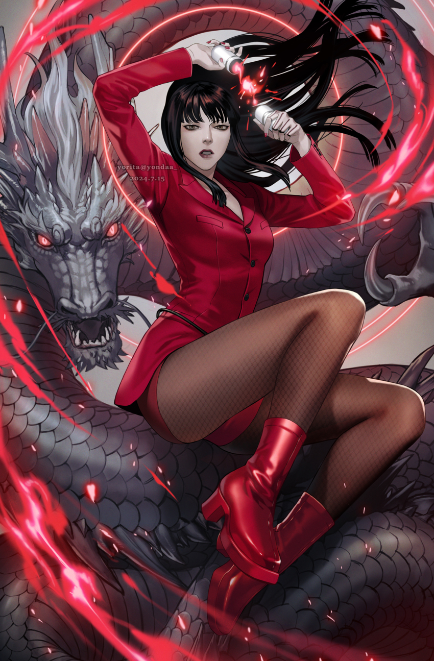 1girl artist_name black_hair boots buttons claws collarbone colored_sclera commentary_request dated devil_summoner:_soul_hackers devil_summoner_(series) dragon eastern_dragon fangs fishnet_pantyhose fishnets grey_eyes hand_tattoo high_heel_boots high_heels highres holding horns jacket lapels lips long_hair long_sleeves looking_at_viewer naomi_(soul_hackers) nose notched_lapels object_request open_mouth pale_skin pantyhose red_boots red_eyes red_jacket red_nails red_sclera red_shorts scales seiryuu_(megami_tensei) sharp_teeth shorts sidelocks sitting solo sparks tattoo teeth tongue yorita_(kick_knock)
