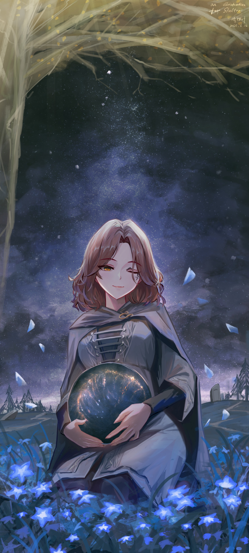 1girl ;) absurdres blue_flower brown_hair commentary commission dress elden_ring erdtree_(elden_ring) falling_petals flower grey_cloak grey_dress highres kneeling looking_at_viewer melina_(elden_ring) milky_way night night_sky one_eye_closed outdoors petals qingli_ye sky smile solo star_(sky)