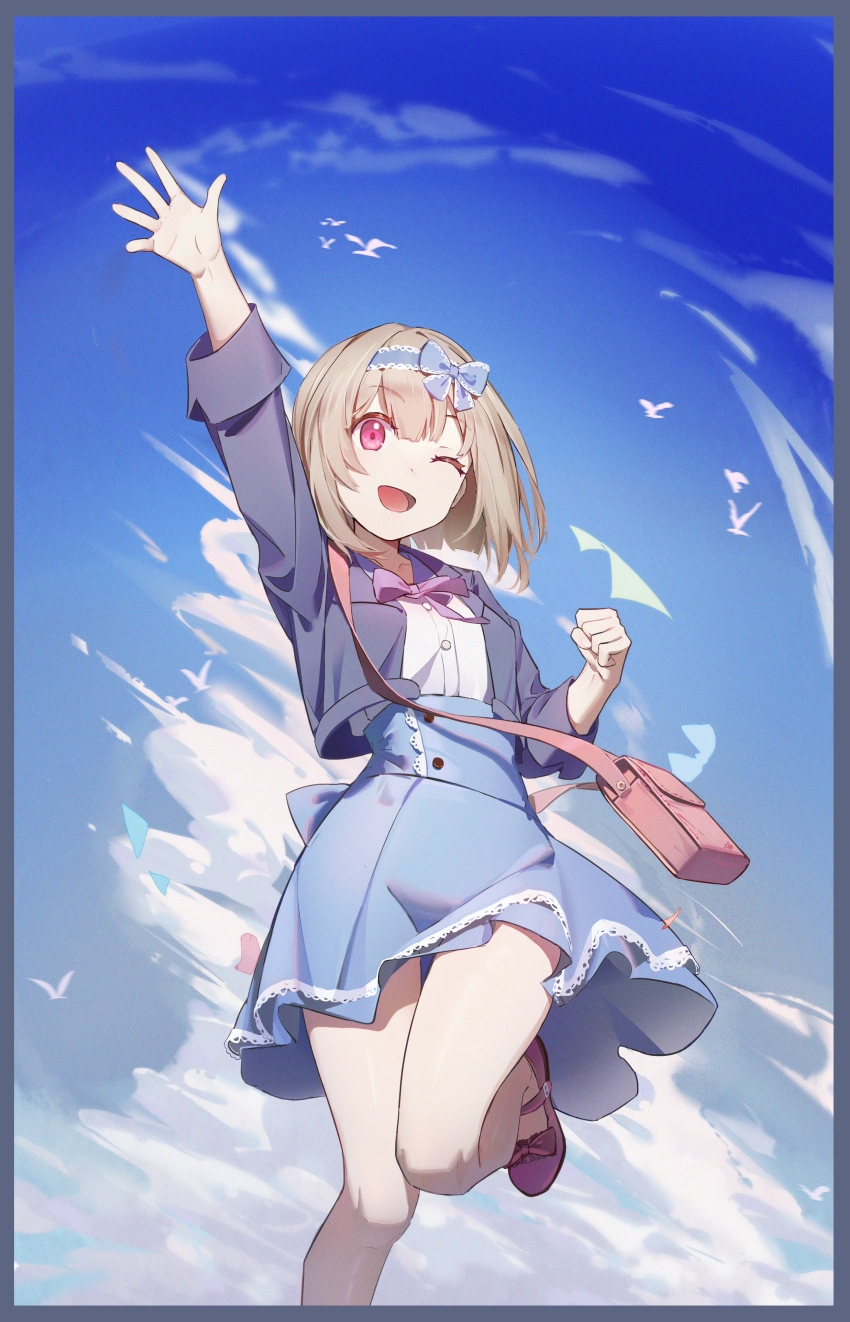 1girl ;d absurdres arm_up bag bh_zhu_baihe_hua bird black_jacket blue_bow blue_hairband blue_skirt blue_sky border bow bow_hairband chinese_commentary cloud collared_shirt commentary_request cropped_jacket day dress_shirt footwear_bow grey_border hairband handbag high-waist_skirt highres jacket leg_up looking_at_viewer love_live! love_live!_nijigasaki_high_school_idol_club love_live!_school_idol_festival_all_stars miniskirt nakasu_kasumi nakasu_kasumi_(sorry_to_keep_you_waiting) neck_ribbon official_alternate_costume one_eye_closed open_clothes open_jacket open_mouth pink_ribbon pink_shoes ribbon shirt shoes skirt sky smile solo three-quarter_sleeves white_shirt