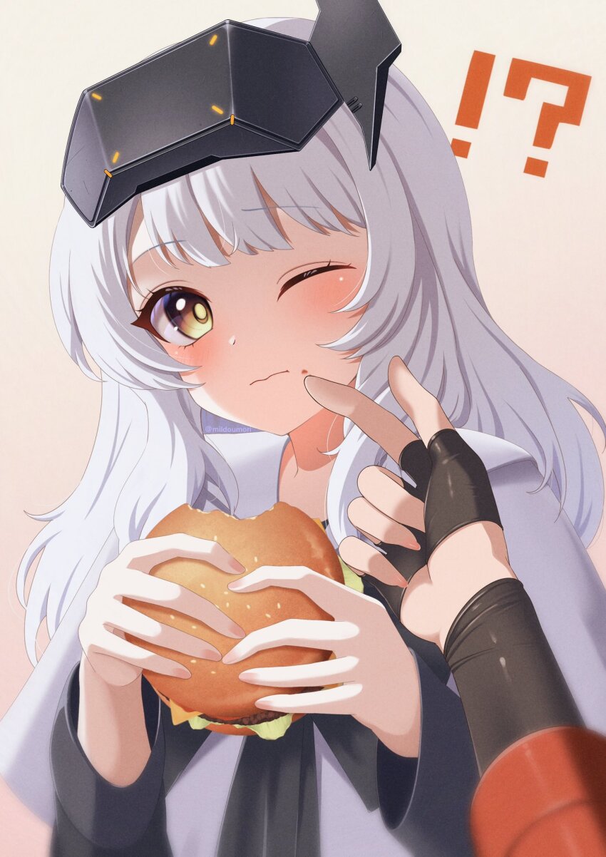 2girls black_gloves blush bow bowtie burger cloak closed_mouth dress eating fingerless_gloves food food_on_face gloves goddess_of_victory:_nikke hair_intakes head-mounted_display heart highres holding holding_burger holding_food long_hair long_sleeves milmil7 multiple_girls one_eye_closed reaching red_hood_(nikke) sidelocks snow_white_(innocent_days)_(nikke) snow_white_(nikke) upper_body white_cloak white_hair