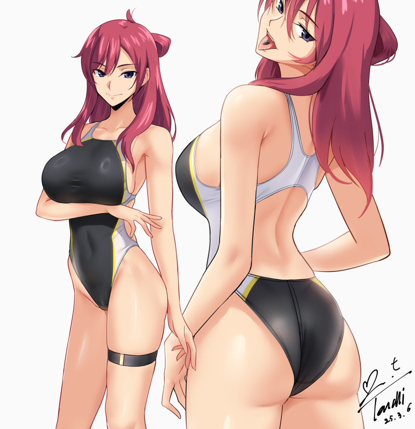 1girl absurdres arm_at_side arm_under_breasts ass bare_arms bare_shoulders breasts commentary_request commission competition_swimsuit cowboy_shot dated god_eater god_eater_2:_rage_burst highres large_breasts leah_claudius long_hair looking_at_viewer multiple_views one-piece_swimsuit paid_reward_available pixiv_commission purple_eyes racerback red_hair sideboob signature simple_background smile swimsuit thigh_strap tongue tongue_out tsurime white_background yoo_tenchi
