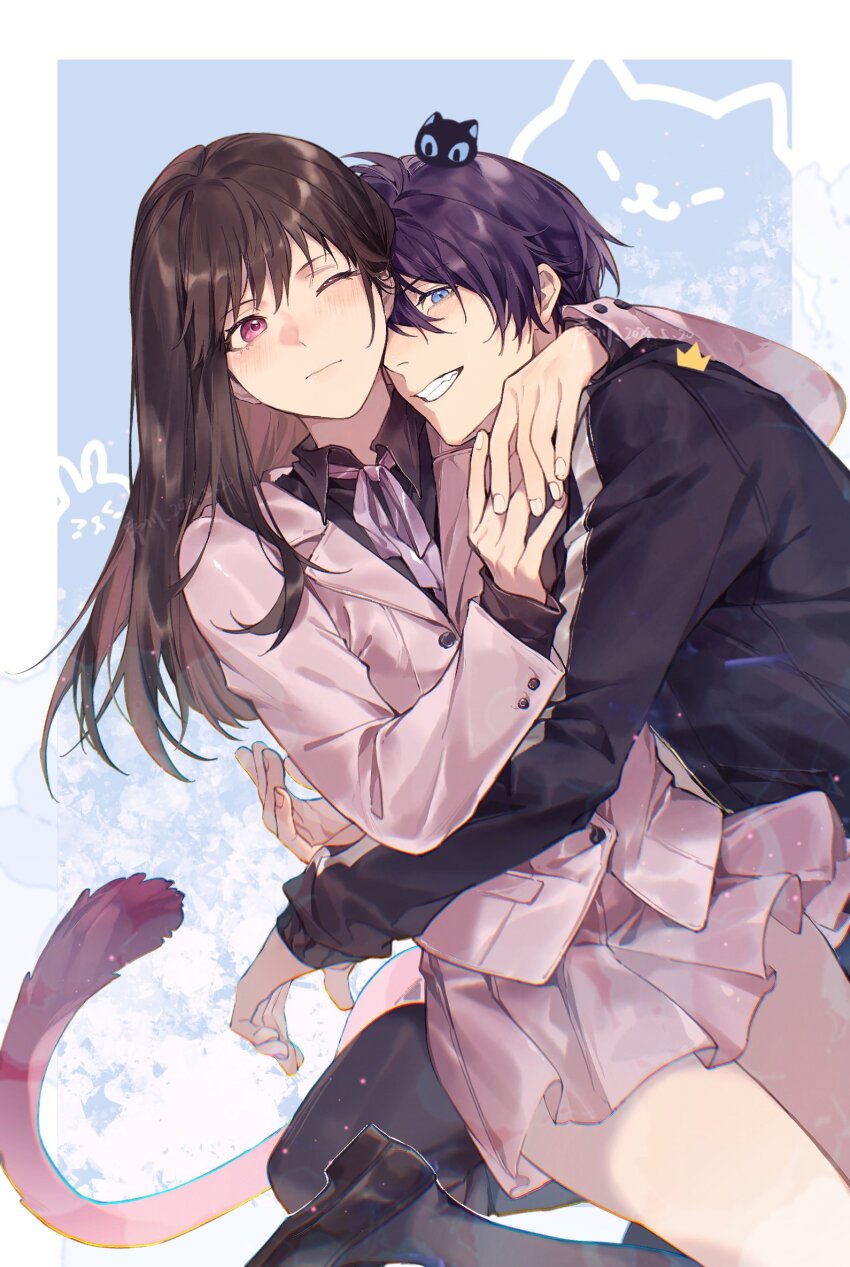 1boy 1girl arm_around_neck black_cat black_jacket black_pants black_shirt black_shoes black_socks blue_eyes blush brown_hair cat chibi chibi_on_head closed_mouth commentary grin hair_between_eyes hetero highres hug iki_hiyori jacket loafers long_hair long_sleeves looking_at_another looking_at_viewer neck_ribbon noragami on_head one_eye_closed own_hands_together pants pink_eyes pleated_skirt purple_hair purple_jacket purple_ribbon purple_skirt purple_tail ribbon school_uniform shirt shoes short_hair skirt sleeves_past_wrists smile socks symbol-only_commentary tail teeth track_jacket track_suit xuchuan yato_(noragami)