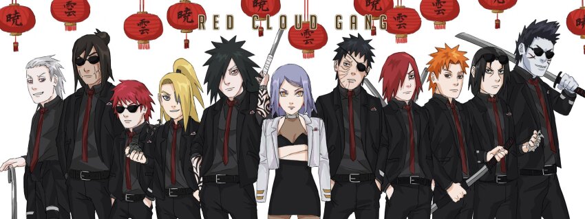 1girl 6+boys akatsukiarts black_hair deidara_(naruto) formal_clothes hidan_(naruto) highres holding holding_weapon hoshigaki_kisame kakuzu_(naruto) konan_(naruto) multiple_boys nagato_(naruto) naruto_(series) naruto_shippuuden purple_hair sasori_(naruto) scar scar_on_face suit uchiha_itachi uchiha_madara uchiha_obito weapon yahiko_(naruto)