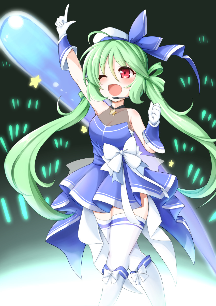 1girl absurdres audience azur_lane beret blue_dress boots breasts comet comet_(azur_lane) concert costume diadem dress frills gloves glowstick green_hair hair_between_eyes hand_up hat headphones headset highres idol idol_clothes index_finger_raised kinomiki_nobori long_hair microphone music night one_eye_closed open_mouth plaid_ribbon red_eyes ribbon singing small_breasts smile stage tailcoat thighhighs tilted_headwear white_gloves white_thighhighs