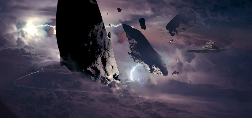 asteroid ben_lo cloud commentary concept_art contrail english_commentary galactic_empire_(star_wars) highres lightning official_art production_art scenery spacecraft star_destroyer star_wars star_wars:_squadrons starfighter t-65_x-wing x-wing