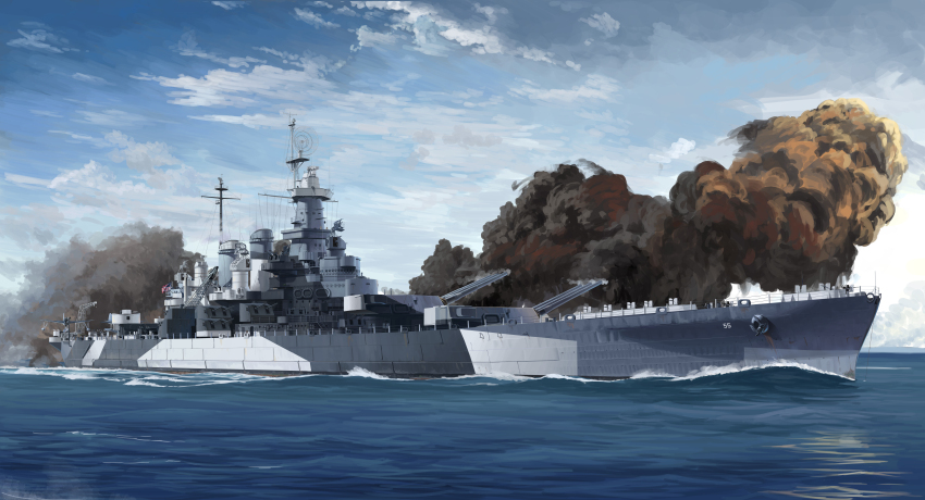 absurdres aircraft airplane american_flag anti-aircraft anti-aircraft_gun battleship cannon crane_(machine) day highres military_vehicle mo_yu_de_jiaozi ocean outdoors radar range_finder real_life ship ship_turret smoke smokestack united_states_navy uss_north_carolina_(bb-55) vehicle_focus warship watercraft world_war_ii