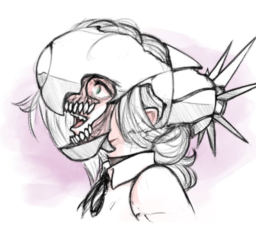 1girl black_ribbon bomb_devil_(chainsaw_man) chainsaw_man collared_shirt from_side green_eyes grey_hair highres neas57 neck_ribbon open_mouth reze_(chainsaw_man) ribbon shirt sleeveless sleeveless_shirt solo white_shirt