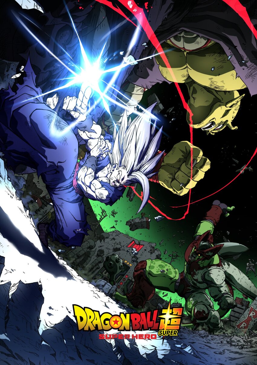 3boys antennae bakarott bald battle cell_max colored_skin dougi dragon_ball dragon_ball_super dragon_ball_super_super_hero eye_trail glowing glowing_eye gohan_beast grey_hair highres light_trail long_hair makankousappou male_focus multiple_boys muscular muscular_male orange_piccolo orange_skin pants piccolo pointy_ears powering_up purple_pants purple_shirt red_eyes red_sash sash shirt son_gohan spiked_hair