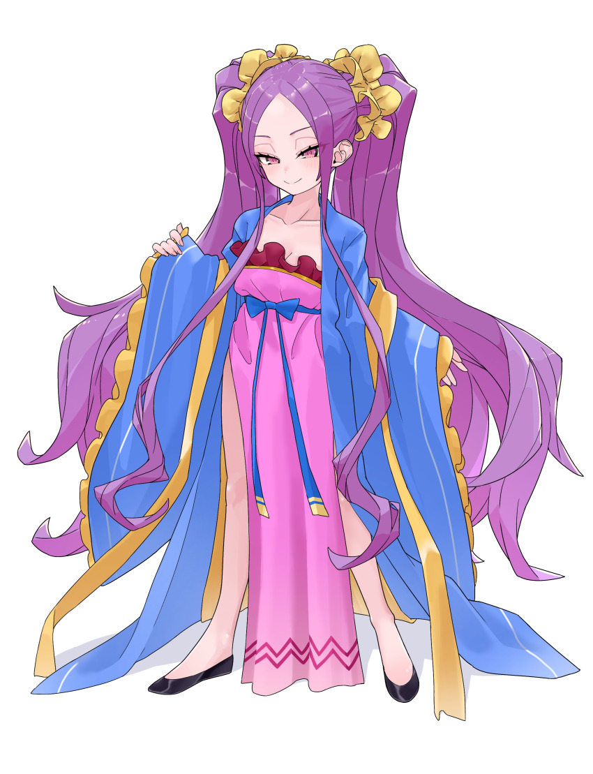 1girl absurdres bare_legs blue_bow blue_bowtie blue_coat bow bowtie breasts chinese_clothes cleavage coat collarbone dress fate/grand_order fate_(series) forehead frilled_sleeves frills full_body hair_ornament hanfu highres legs_apart long_hair looking_at_viewer low_neckline niwaikanai open_clothes open_coat parted_bangs purple_dress purple_eyes purple_hair qixiong_ruqun ribbon ribbon_as_bra shawl simple_background small_breasts smile solo strapless twintails very_long_hair white_background wide_sleeves wu_zetian_(fate) wu_zetian_(first_ascension)_(fate) yellow_ribbon
