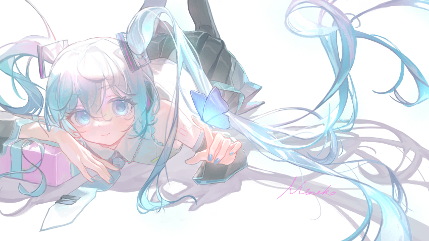 1girl absurdly_long_hair absurdres aqua_eyes aqua_hair aqua_necktie artist_name black_skirt black_sleeves blue_nails bug butterfly butterfly_on_hand closed_mouth collared_shirt commentary dated_commentary detached_sleeves hair_between_eyes hair_ornament hatsune_miku headphones highres insect legs_up light_smile long_hair long_sleeves looking_at_viewer lying miniskirt nail_polish necktie number_tattoo on_stomach pleated_skirt shirt shoulder_tattoo sidelocks simple_background skirt sleeveless sleeveless_shirt solo tattoo twintails very_long_hair vocaloid white_background white_shirt wusubamineko