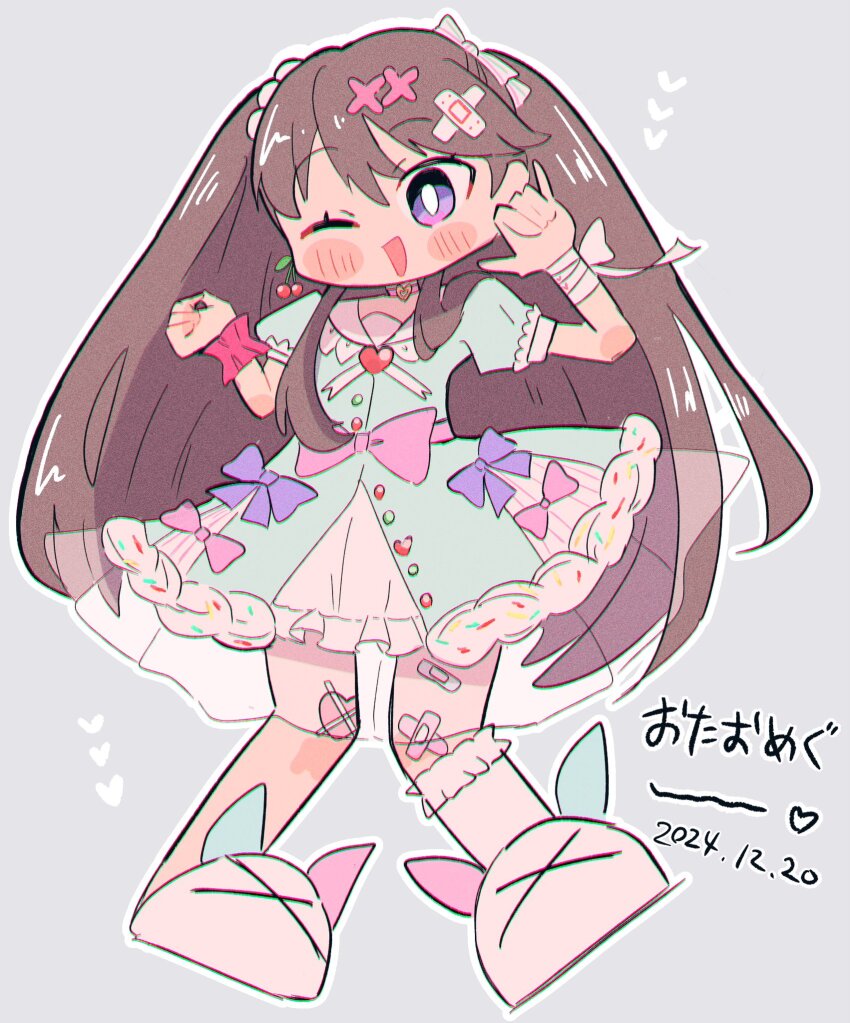 1girl ;d animal_slippers arm_up artist_name bandaged_arm bandages bandaid bandaid_hair_ornament bandaid_on_knee bandaid_on_leg blue_dress blush bright_pupils brown_hair commentary_request crossed_bandaids dated deformed dress frilled_sailor_collar frilled_socks frills fujishima_megumi full_body grey_background hair_ornament hakuchu_a_la_mode happy_birthday heart highres link!_like!_love_live! long_hair looking_at_viewer love_live! official_alternate_costume one_eye_closed open_mouth outline puffy_short_sleeves puffy_sleeves purple_eyes reremo sailor_collar short_sleeves single_sock slippers smile socks solo two_side_up very_long_hair virtual_youtuber white_outline white_pupils white_sailor_collar white_slippers x_hair_ornament
