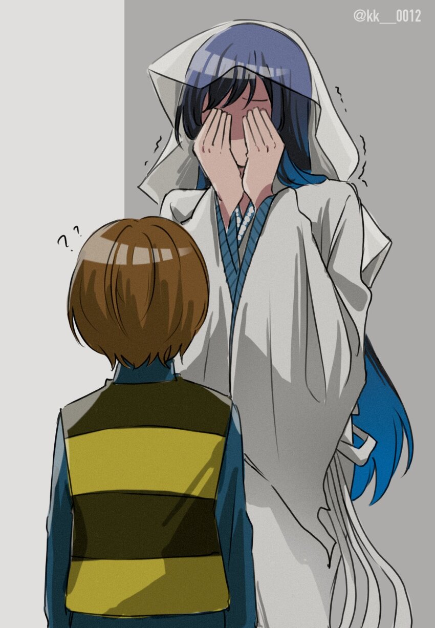 1boy 1girl ? ?? ado_(utaite) blue_hair brown_hair commentary_request covering_own_eyes gegege_no_kitarou height_difference highres japanese_clothes keeko_(kk_0012) kimono kitarou long_hair medama_oyaji short_hair twitter_username veil white_kimono