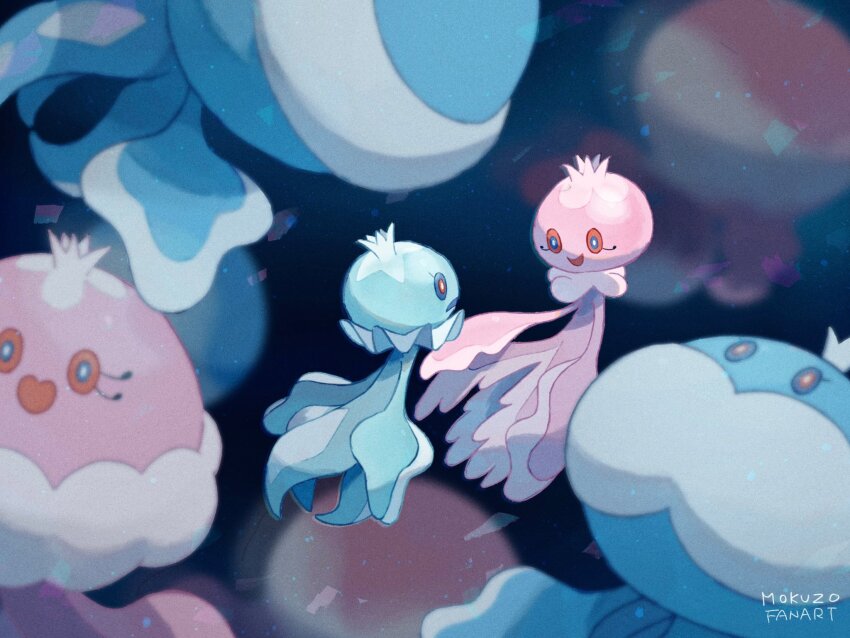 :d blurry evolutionary_line eye_contact frillish frillish_(female) frillish_(male) gen_5_pokemon highres jellicent jellicent_(female) jellicent_(male) looking_at_another mokuzou_(moku_ssbu) nintendo no_humans open_mouth pokemon pokemon_(creature) signature smile underwater