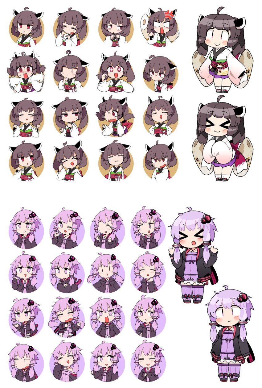 &gt;_&lt; 2girls :3 :d ;d @_@ ^_^ afterimage ahoge anger_vein animal_hood arms_at_sides bare_shoulders black_hoodie black_sandals black_shoes blank_eyes blunt_bangs blush brown_hair clenched_hand closed_eyes closed_mouth commentary_request constricted_pupils crossed_arms dress exhausted facing_viewer flailing flying_sweatdrops full_body hair_ornament hand_on_own_chin hands_on_own_hips hands_up headgear highres hood hood_down hoodie index_fingers_together ini_(inunabe00) japanese_clothes kimono kiritanpo_(food) long_sleeves looking_at_viewer looking_to_the_side multiple_expressions multiple_girls multiple_views no_sclera nose_blush obi obijime okobo one-eyed one_eye_closed open_clothes open_hoodie open_mouth outstretched_arm platform_sandals pleated_skirt purple_dress purple_eyes purple_skirt purple_thighhighs question_mark_ahoge rabbit_hood red_eyes sandals sash shoes short_hair short_hair_with_long_locks simple_background skirt smile socks standing sweat sweatdrop tabi tears thighhighs touhoku_kiritan triangle_mouth upright_ahoge v-shaped_eyebrows vocaloid voiceroid wavy_mouth white_background white_kimono white_socks wide_sleeves x3 xd yuzuki_yukari |_|