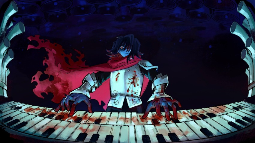 1other armor bell black_hair blood blue_skin cape colored_skin deltarune highres instrument kris_(dark_world)_(deltarune) kris_(deltarune) medium_hair music organ_(instrument) piano_keys playing_instrument red_eyes suns-fanart