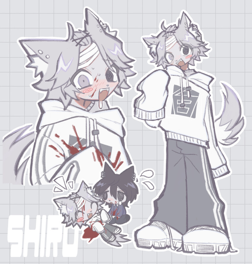 2boys animal_ears blood blush blush_stickers cat_boy cat_ears chibi chibi_inset dog_ears dog_tail drooling grey_hair grey_theme grid heterochromia highres hood hoodie kuro_(wanwon) looking_at_viewer male_focus masochism multiple_boys open_mouth original pants shiro_(yappari) smile solo_focus tail yappari