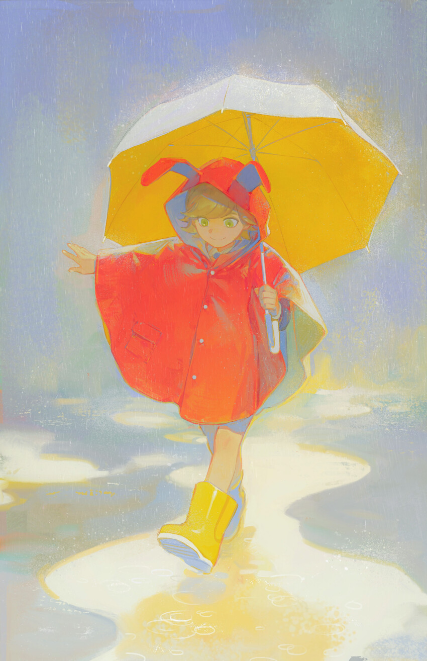 1boy absurdres aged_down animal_hood barnaby_brooks_jr. blonde_hair boots coat creamyghost green_eyes highres holding holding_umbrella hood long_sleeves looking_down male_focus outstretched_arm puddle rabbit_hood rain rain_poncho red_coat rubber_boots shirt shorts smile solo tiger_&amp;_bunny umbrella walking water white_shirt yellow_boots yellow_umbrella