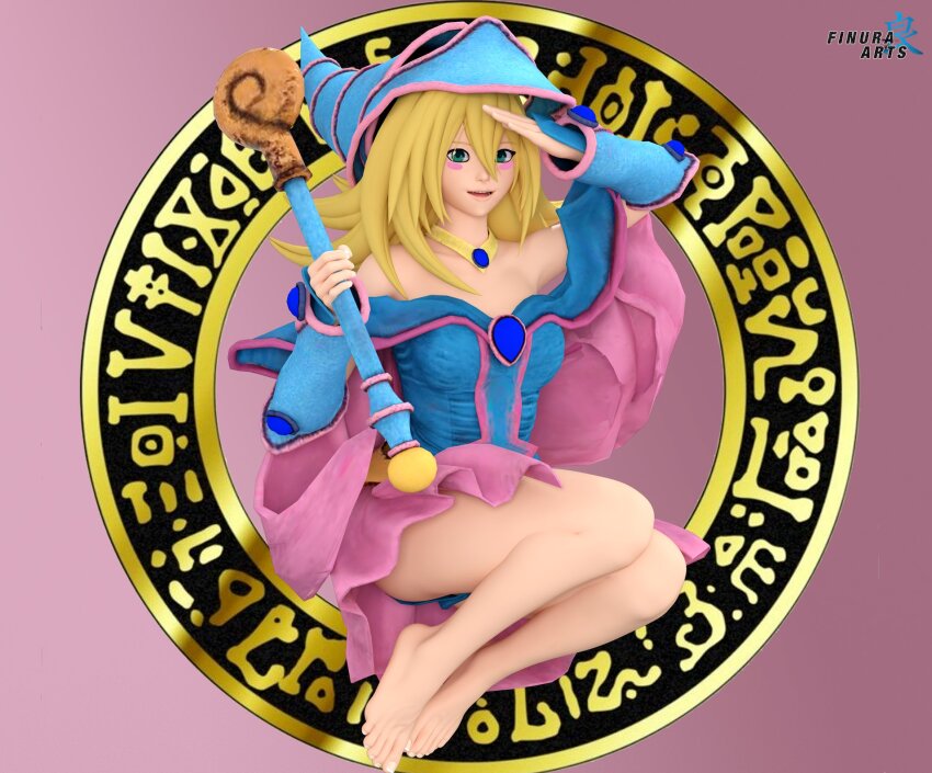 1girl 3d artist_name bare_shoulders barefoot blonde_hair blue_hat blush_stickers breasts commentary commission dark_magician_girl duel_monster english_commentary feet finuraarts green_eyes hair_between_eyes hat highres holding holding_wand jewelry long_hair neck_ring open_mouth pentacle phrygian_helmet pink_background pink_skirt skirt solo staff toes wand wizard_hat yu-gi-oh!
