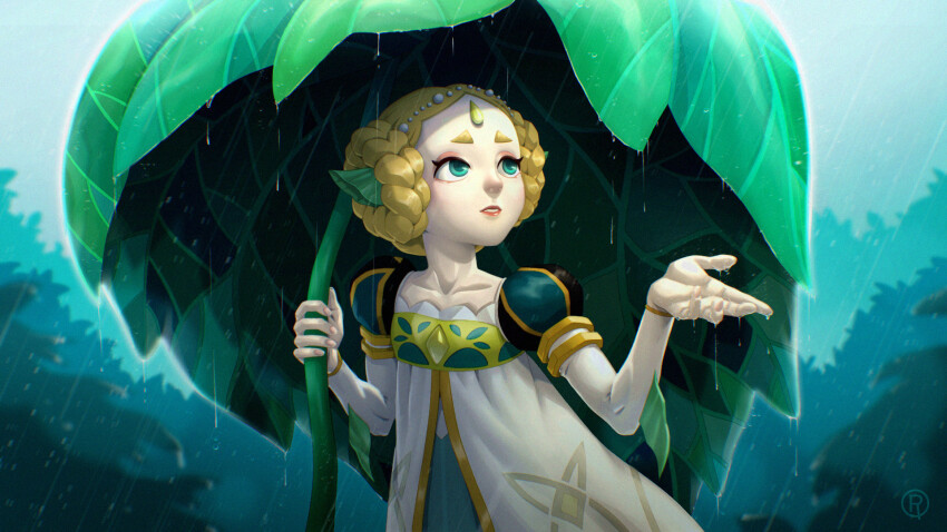 1girl afk_(series) afk_journey artist_logo blurry blurry_background braid braided_hair_rings brown_hair dress forehead forehead_jewel green_eyes hair_rings hand_up hewynn_(afk) highres holding holding_leaf jewelry layered_sleeves leaf leaf_umbrella logo long_sleeves looking_to_the_side outdoors parted_lips puffy_short_sleeves puffy_sleeves rain rockyleaw short_eyebrows short_hair short_over_long_sleeves short_sleeves solo standing thick_eyebrows twin_braids upper_body water_drop white_dress