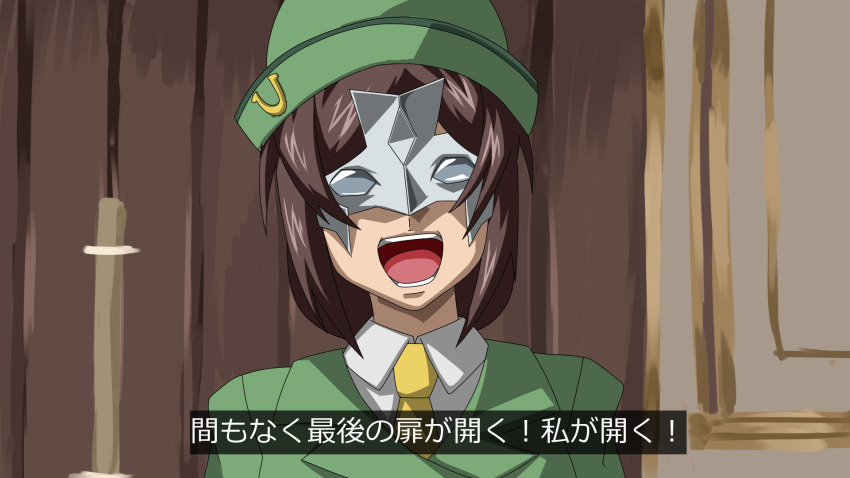 1girl brown_hair commentary cosplay green_hat green_jacket gundam gundam_seed hat hayakawa_tazuna highres horseshoe_hat_ornament horseshoe_ornament jacket jurarumin_hrairoo mask meme necktie neta open_mouth parody rau_le_creuset rau_le_creuset_(cosplay) scene_reference shouting solo source_quote subtitled too_literal umamusume upper_body yellow_necktie
