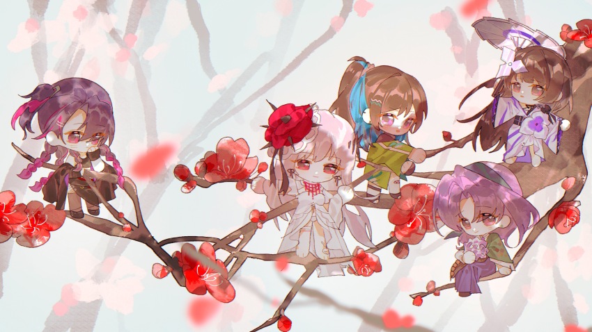 5girls absurdres babydoll bandaid bandaid_on_knee bandaid_on_leg bare_legs barefoot black_coat black_footwear black_hair black_hairband black_skirt black_tank_top black_thighhighs blue_hair branch chibi chibi_only chinese_commentary coat colored_inner_hair commentary coquelic_(path_to_nowhere) detached_sleeves dress fascinator flower garofano_(path_to_nowhere) gekkabijin_(path_to_nowhere) gem gradient_hair green_haori green_shawl hair_intakes hair_ornament hairband hairclip haori head_rest highres holding holding_flower holding_umbrella japanese_clothes kimono long_hair looking_at_viewer luza_(552131725ljm) multicolored_hair multiple_girls off_shoulder one_side_up panties parted_bangs path_to_nowhere ponytail poppy_(flower) purple_eyes purple_hair purple_kimono purple_skirt quad_braids red_eyes red_flower red_gemstone ribbon_earrings shuriken_hair_ornament sitting skirt standing sumire_(path_to_nowhere) tank_top thighhighs thistle_(path_to_nowhere) toeless_footwear umbrella underwear very_long_hair white_babydoll white_dress white_hair white_panties white_umbrella