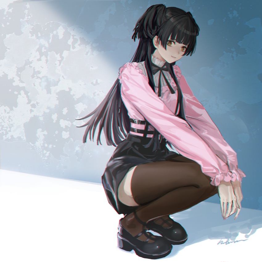 1girl black_hair black_skirt blunt_bangs blunt_ends brown_thighhighs chinese_commentary chromatic_aberration commentary_request frilled_sleeves frills highres idolmaster idolmaster_shiny_colors infukun jirai_kei long_hair long_sleeves looking_at_viewer mayuzumi_fuyuko miniskirt neck_ribbon pink_shirt ribbon shirt skirt solo squatting suspender_skirt suspenders thighhighs two_side_up very_long_hair zettai_ryouiki