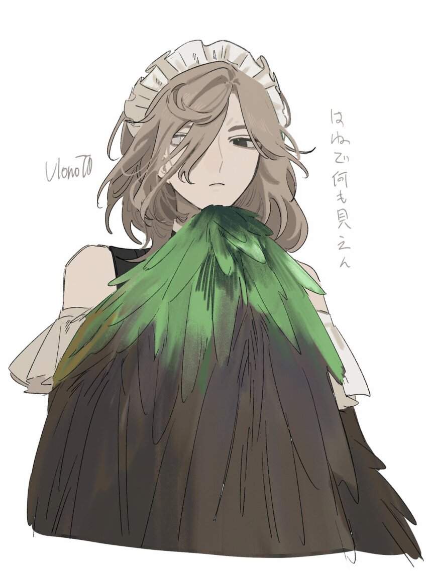 1boy alternate_costume bare_shoulders bird_wings black_eyes brown_hair brown_wings closed_mouth cropped_torso getian_(reverse:1999) grey_eyes hair_between_eyes hand_up harpy_boy heterochromia highres looking_at_viewer maid_headdress male_focus monster_boy oji-sama_(ochi4t) reverse:1999 solo twitter_username upper_body white_background winged_arms wings