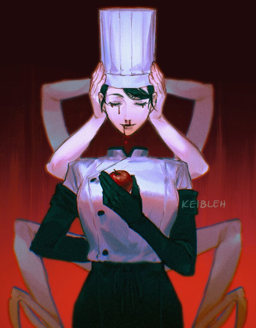 1girl apple apron arm_behind_back arthropod_limbs black_apron black_gloves black_hair black_pants blood blood_from_mouth blood_on_face bloody_tears chainsaw_man chef chef_hat closed_eyes dark_background demon demon_girl disembodied_head elbow_gloves extra_arms falling_devil_(chainsaw_man) flat_top_chef_hat food fruit gloves hat highres holding holding_detached_head holding_food holding_fruit keibleh light_smile nosebleed pants parted_bangs parted_lips severed_head solo