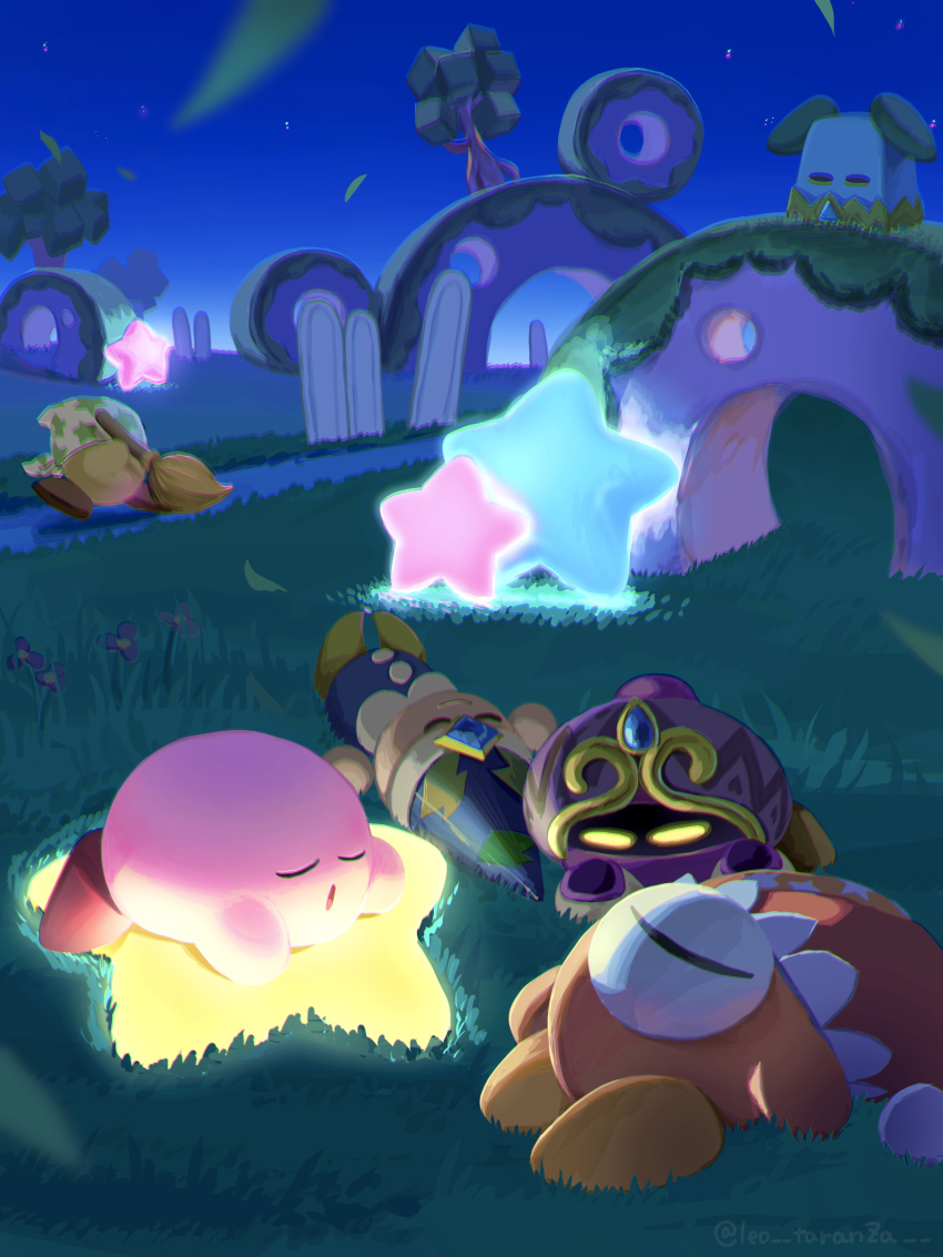 absurdres broom broom_hatter closed_eyes colored_skin creature glowing grass hat highres holding holding_broom jammerjab jester_cap kirby kirby_star_allies kirby_(series) leo_taranza night night_sky nintendo no_humans one-eyed pink_skin plugg_(kirby) poppy_bros_jr sky sleeping star_(symbol) tree upside-down waddle_doo warp_star