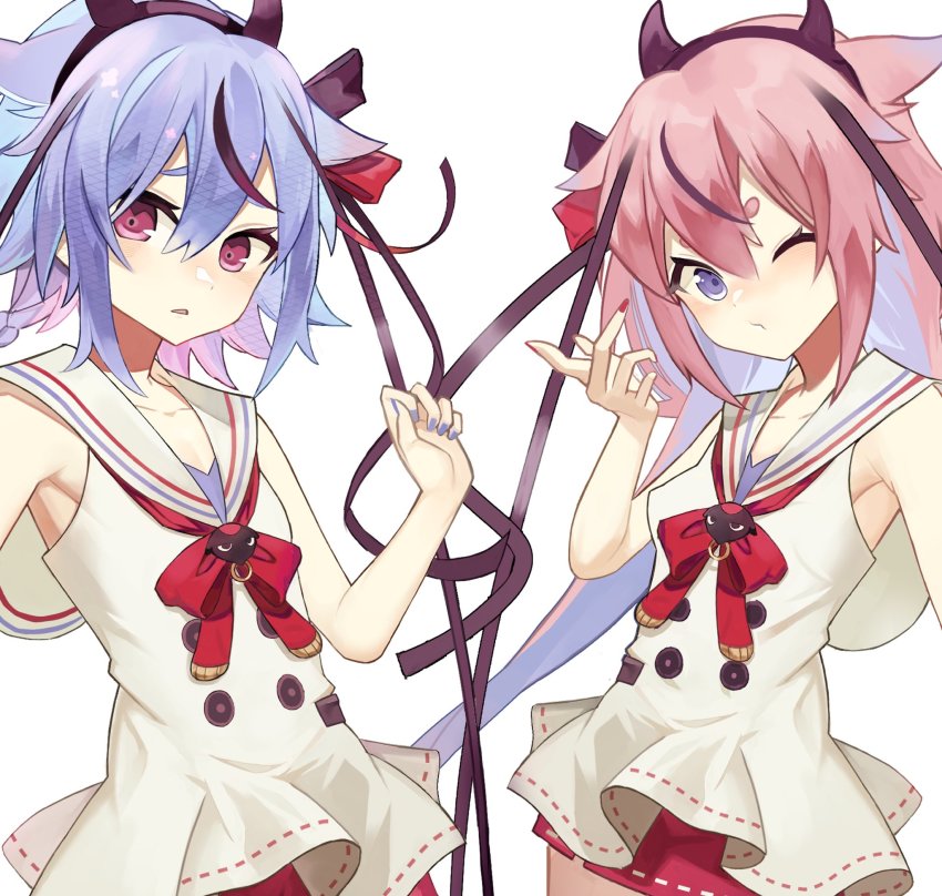2others :t bad_id bad_twitter_id blue_eyes blue_hair blue_nails braid collared_shirt commentary english_commentary furrowed_brow gynoid_talk hair_ribbon hairband hakama hakama_skirt hand_up highres hiragi_sage horns japanese_clothes light_blush long_hair looking_at_viewer medium_hair meika_hime meika_mikoto miniskirt multicolored_hair multiple_others nail_polish one_eye_closed pink_eyes pink_hair red_nails red_neckwear red_ribbon red_skirt ribbon shirt side-by-side skirt sleeveless sleeveless_shirt thick_eyebrows triangle_mouth twintails two-tone_hair upper_body very_long_hair vocaloid white_background white_shirt