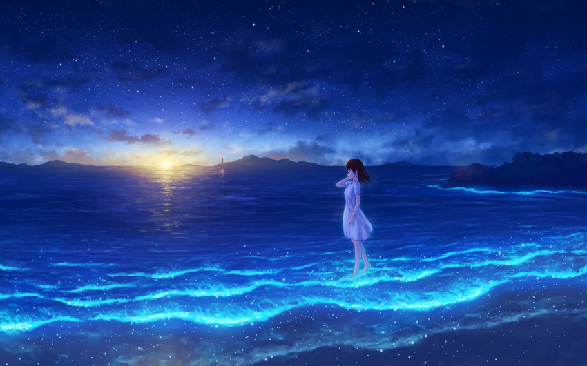1girl absurdres arm_at_side arm_up au_ito barefoot beach bioluminescence black_hair closed_mouth cloud commentary_request dress dusk floating_hair from_side glowing highres hill horizon lighthouse long_hair night night_sky ocean original plankton reflection reflective_water rock scenery short_sleeves sky smile solo sun sunset wading walking waves white_dress wide_shot