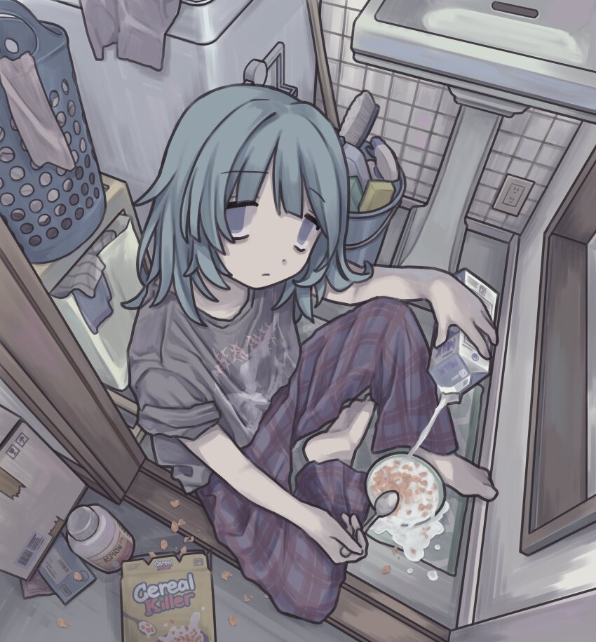 1girl absurdres barefoot bathroom bowl cereal cereal_box corn_flakes depressed foreshortening from_above green_hair grey_eyes grey_shirt gudon_udon highres holding holding_spoon indoors laundry looking_at_viewer medium_hair messy_room milk milk_carton original oversized_clothes oversized_shirt pouring sad shirt sink sleepwear solo spilled_milk spilling spoon tile_wall tiles