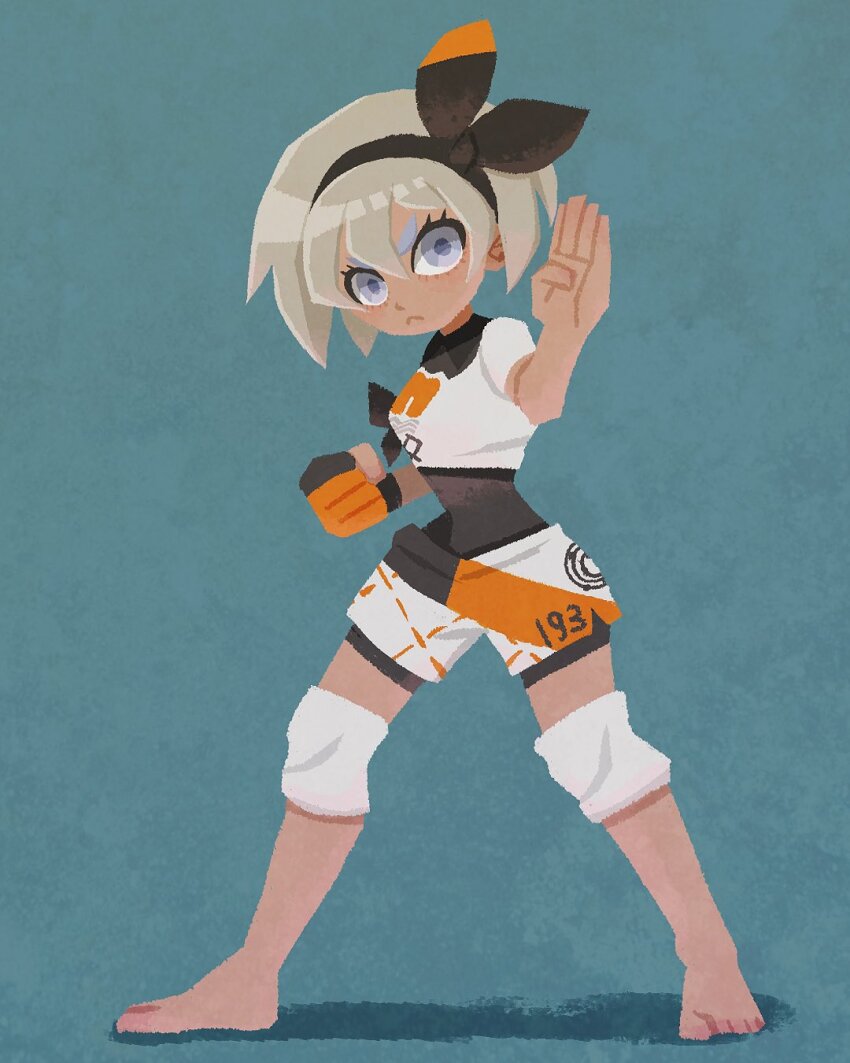 1girl :&lt; barefoot bea_(pokemon) black_bodysuit black_hairband blonde_hair bodysuit bodysuit_under_clothes bow_hairband clenched_hand closed_mouth commentary_request eyelashes fighting_stance full_body gloves grey_eyes hair_between_eyes hairband highres knee_pads legs_apart miclot nintendo partially_fingerless_gloves pokemon pokemon_swsh print_shirt shirt short_hair short_sleeves shorts single_glove solo standing white_shirt