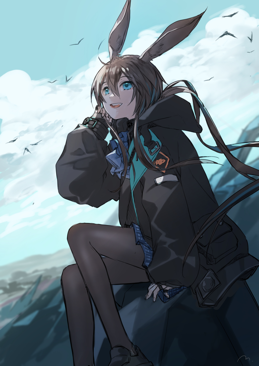 absurdres amiya_(arknights) animal_ears arknights bird black_jacket brown_hair cloud cloudy_sky highres hood hooded_jacket jacket maki-no messy_hair outdoors rabbit_ears sitting sky smile