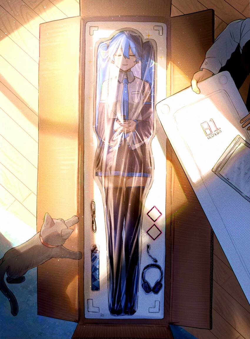 1boy 1girl absurdres android black_cat black_skirt black_sleeves black_thighhighs blue_hair blue_necktie box cardboard_box cat closed_eyes closed_mouth collared_shirt commentary_request detached_sleeves hair_between_eyes hatsune_miku headphones highres interlocked_fingers light_smile long_hair lying mire_esan necktie plastic_wrap pleated_skirt shirt skirt socks styrofoam sunlight thighhighs twintails vocaloid white_shirt wooden_floor wrapped zettai_ryouiki