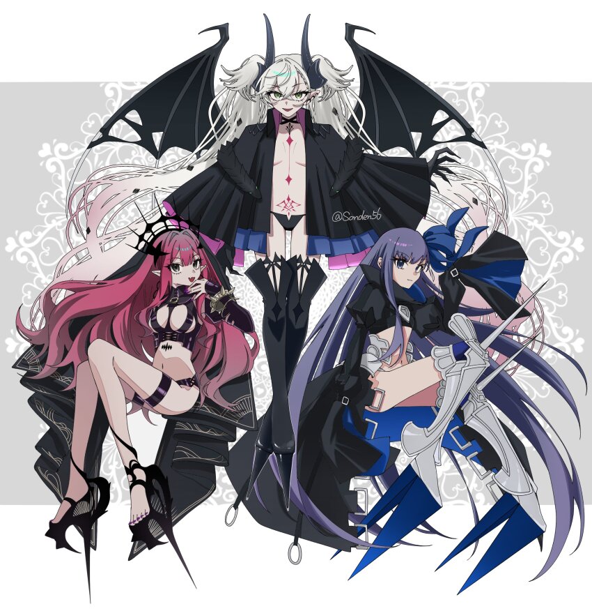 3girls absurdres baobhan_sith_(fate) baobhan_sith_(second_ascension)_(fate) blue_eyes boots breasts demon_horns demon_wings fang fate/grand_order fate_(series) fingernails green_eyes grey_eyes grey_hair hair_ribbon highres horns knee_spikes lilith_(fate) lilith_(second_ascension)_(fate) long_hair medium_breasts meltryllis_(fate) multiple_girls navel pink_hair pointy_ears purple_hair ribbon sharp_fingernails skin_fang sleeves_past_fingers sleeves_past_wrists stomach_tattoo tattoo thigh_boots tokumori_ramen trait_connection twintails twitter_username very_long_hair wings