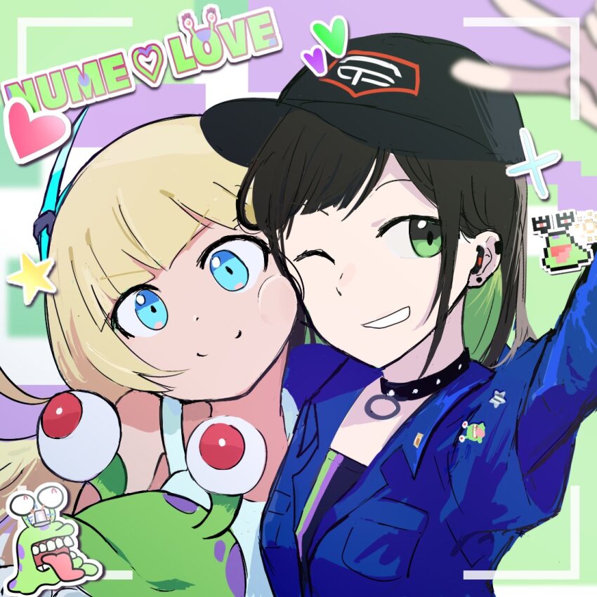 2girls blonde_hair blue_eyes digimon digimon_(creature) digimon_seekers digimon_world_-next_0rder- happy luche multiple_girls numemon red_eyes smile tamahime_satsuki