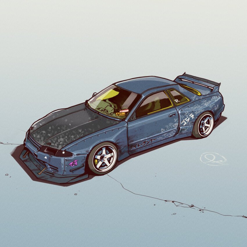 blue_car car fernando_correa from_above highres motor_vehicle nissan nissan_skyline nissan_skyline_gt-r nissan_skyline_r32 no_humans original shadow signature spoiler_(automobile) vehicle_focus