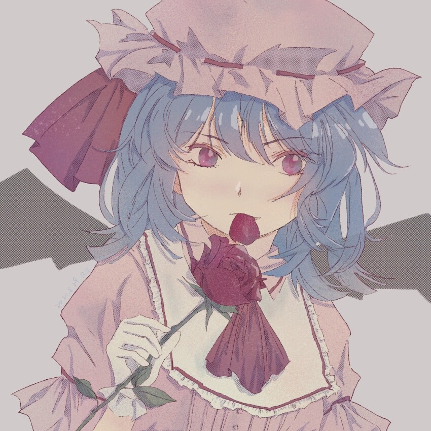ascot bat_wings blue_hair flower gensou_getsumen_rt hat highres holding holding_flower mob_cap petal_in_mouth purple_background red_ascot red_eyes remilia_scarlet touhou wings