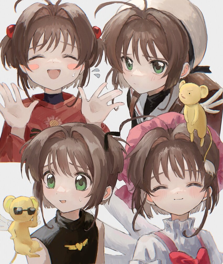 1girl backpack bag blush_stickers brown_bag brown_hair cardcaptor_sakura child closed_eyes green_eyes highres kero_(cardcaptor_sakura) kinomoto_sakura kinomoto_sakura_(magician) kumagai_yuka magical_girl multiple_views revision school_uniform simple_background smile sunglasses tomoeda_elementary_school_uniform
