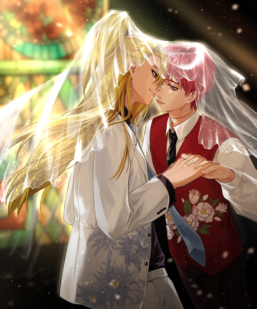 2boys absurdres belt black_necktie blonde_hair blue_necktie bridal_veil collared_shirt commission commissioner_upload crescent_(cgcrescent) deidara_(naruto) doll_joints eyeliner floral_print floral_print_vest formal_clothes high_ponytail highres holding_hands implied_yaoi joints light_particles long_hair looking_at_another makeup multiple_boys naruto_(series) naruto_shippuuden necktie non-web_source official_alternate_costume pants parted_lips ponytail red_eyes red_hair sasori_(naruto) shared_veil shirt short_hair smile suit veil vest