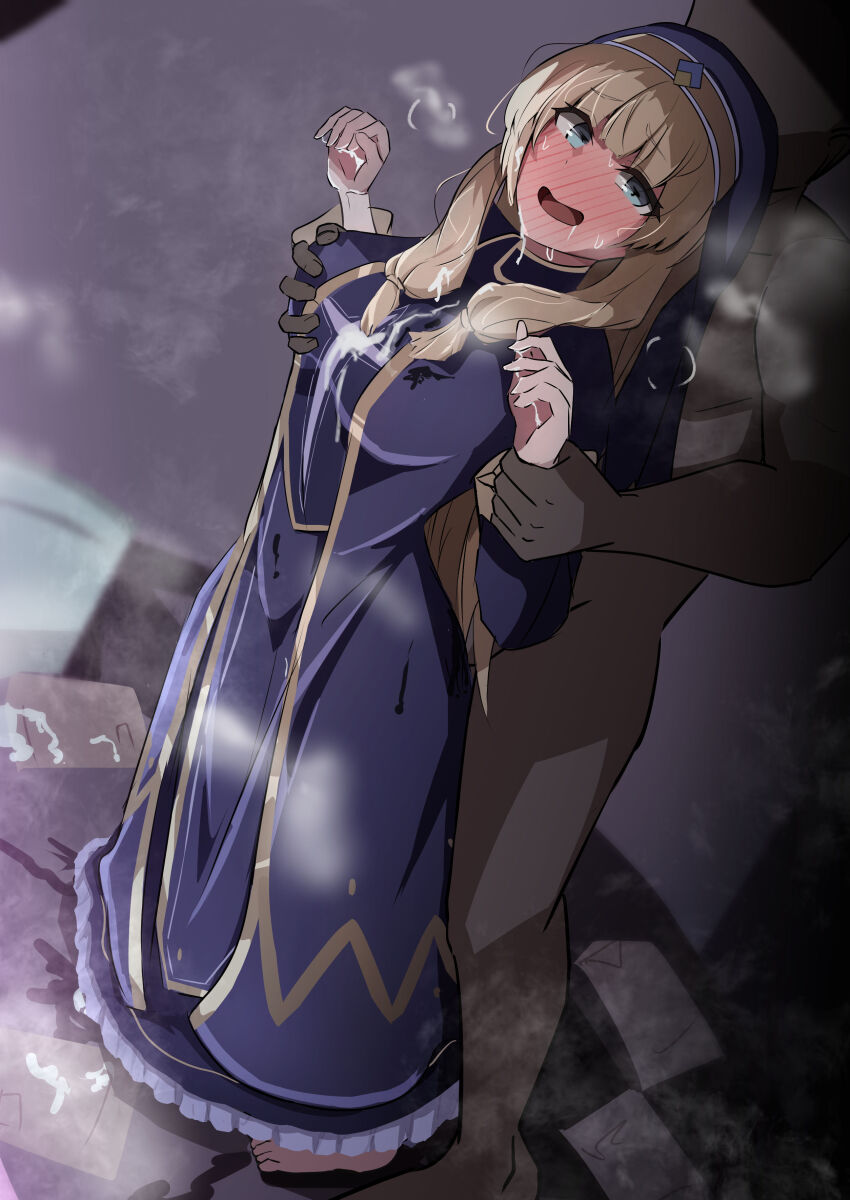 1boy 1girl absurdres after_fellatio after_handjob aftersex arms_up barefoot blonde_hair blue_dress blue_eyes blue_headwear blue_robe blue_tabard blush breasts cecily_(konosuba) clothed_female_nude_male cum cum_on_body cum_on_breasts cum_on_clothes cum_on_floor cum_on_hair cum_on_hands cum_on_upper_body cumdrip dress embarrassed faceless faceless_male facial frilled_dress frills grabbing_another&#039;s_breast grabbing_from_behind groping habit hetero highres kono_subarashii_sekai_ni_shukufuku_wo! large_breasts long_hair looking_at_viewer looking_to_the_side moaning nervous nervous_smile nude nun open_mouth robe shiwashiseika smile solo_focus standing steam tabard two-tone_robe two-tone_tabard yellow_robe yellow_tabard
