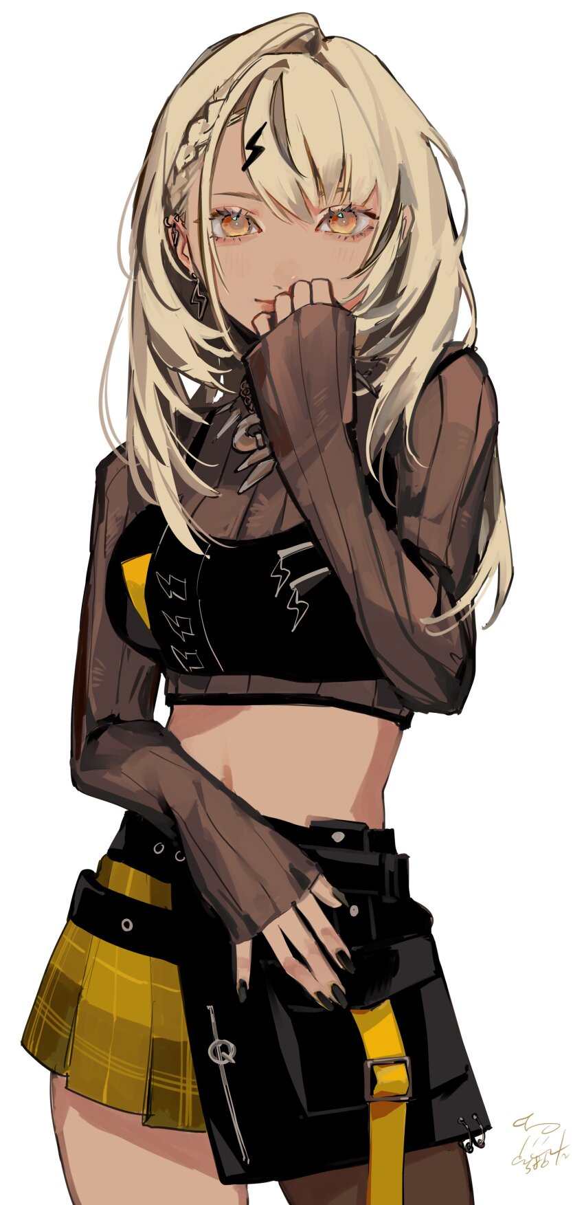 absurdres black_nails blonde_hair braid commentary_request cowboy_shot earclip earrings hair_ornament hand_to_own_mouth highres jewelry kaminari_qpi kaminari_qpi_(5th_costume) lightning_bolt lightning_bolt_earrings lightning_bolt_hair_ornament lightning_bolt_symbol long_hair long_sleeves looking_at_viewer midriff miniskirt nail_polish official_alternate_costume orange_eyes signature simple_background single_braid skirt virtual_youtuber vspo! white_background yellow_skirt zoramaruta