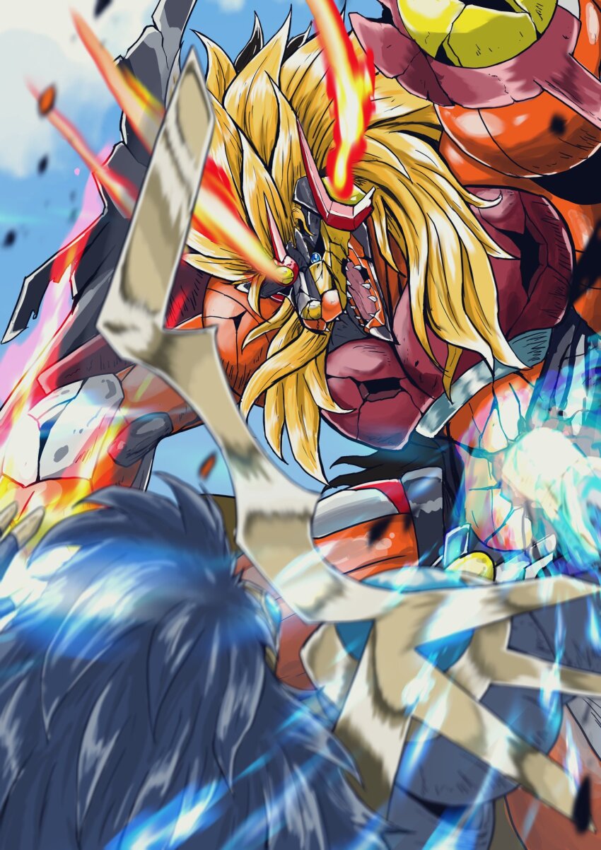 2boys apollomon apollomon_whispered armor digimon digimon_(creature) highres lion_boy long_hair looking_at_another multiple_boys