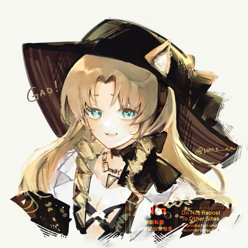 1girl animal_ears aqua_eyes arknights black_hat blonde_hair breasts cleavage cropped_torso deep.au fang gao grey_background hair_intakes hat jewelry light_blush long_hair necklace parted_bangs simple_background smile solo sound_effects swire_(arknights) swire_the_elegant_wit_(arknights) twitter_username watermark