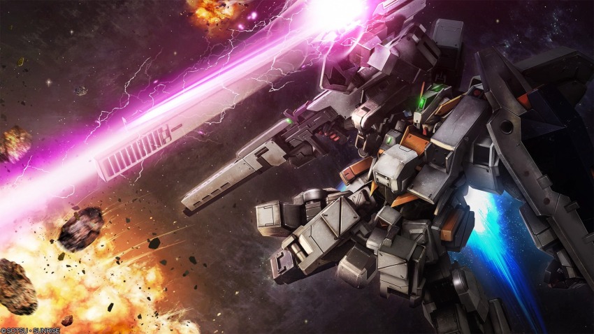 absurdres advance_of_zeta asteroid beam_cannon beam_rifle company_name copyright_notice debris destruction energy energy_gun explosion gundam gundam_battle_operation_2 gundam_tr-1_hazel gundam_tr-1_hazel_owsla highres holding holding_weapon machinery mecha mecha_focus mobile_suit no_humans official_art reactive_armor realistic robot scan science_fiction shield shoulder_cannon solo sunrise_(company) tenjin_hidetaka thrusters titans_(gundam) traditional_media v-fin weapon