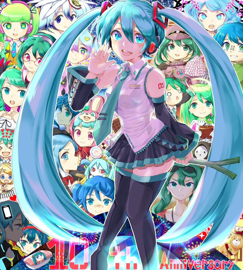 6+girls absurdres ao_hito bare_shoulders black_legwear black_skirt blue_eyes blue_hair blue_nails blue_necktie blush breasts copyright_name cosplay detached_sleeves gumi gumi_(cosplay) hachune_miku hatsune_miku hatsune_miku_(natural) hatsune_miku_(orbit) hatsune_miku_(supreme) headset highres kagamine_rin lol_-lots_of_laugh-_(vocaloid) long_hair looking_at_viewer medium_breasts megpoid multiple_girls nail_polish necktie open_mouth ren&#039;ai_saiban_(vocaloid) shinkai_shoujo_(vocaloid) skirt smile spring_onion standing thighhighs tie_clip twintails vocaloid