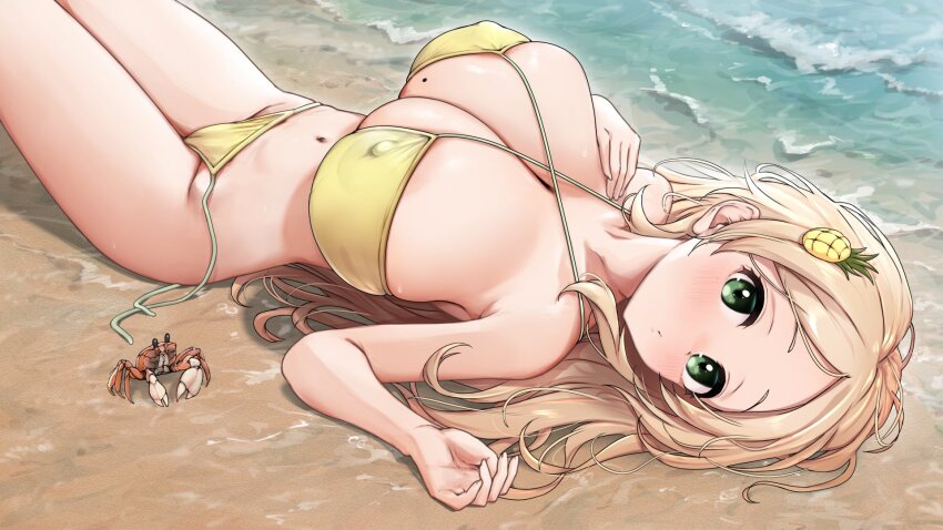 1girl areola_slip bare_shoulders bikini blonde_hair blush breasts cleavage collarbone covered_erect_nipples crab criss-cross_halter fingernails foifoi_(marfoyfoyfoy) food-themed_hair_ornament forehead green_eyes hair_ornament halterneck hand_on_own_chest highres huge_breasts legs long_hair looking_at_viewer lying navel original pineapple-chan_(foifoi) pineapple_hair_ornament raised_eyebrows sand side-tie_bikini_bottom solo stomach swimsuit thighs undone_bikini water yellow_bikini
